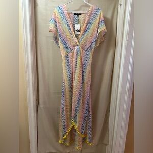 America & Beyond Rainbow Maxi Cover-Up Dress | Pom Pom Hem | Size L